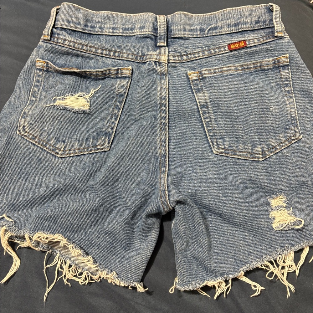 Wrangler Blue Distressed Jean Shorts with Frayed Hem